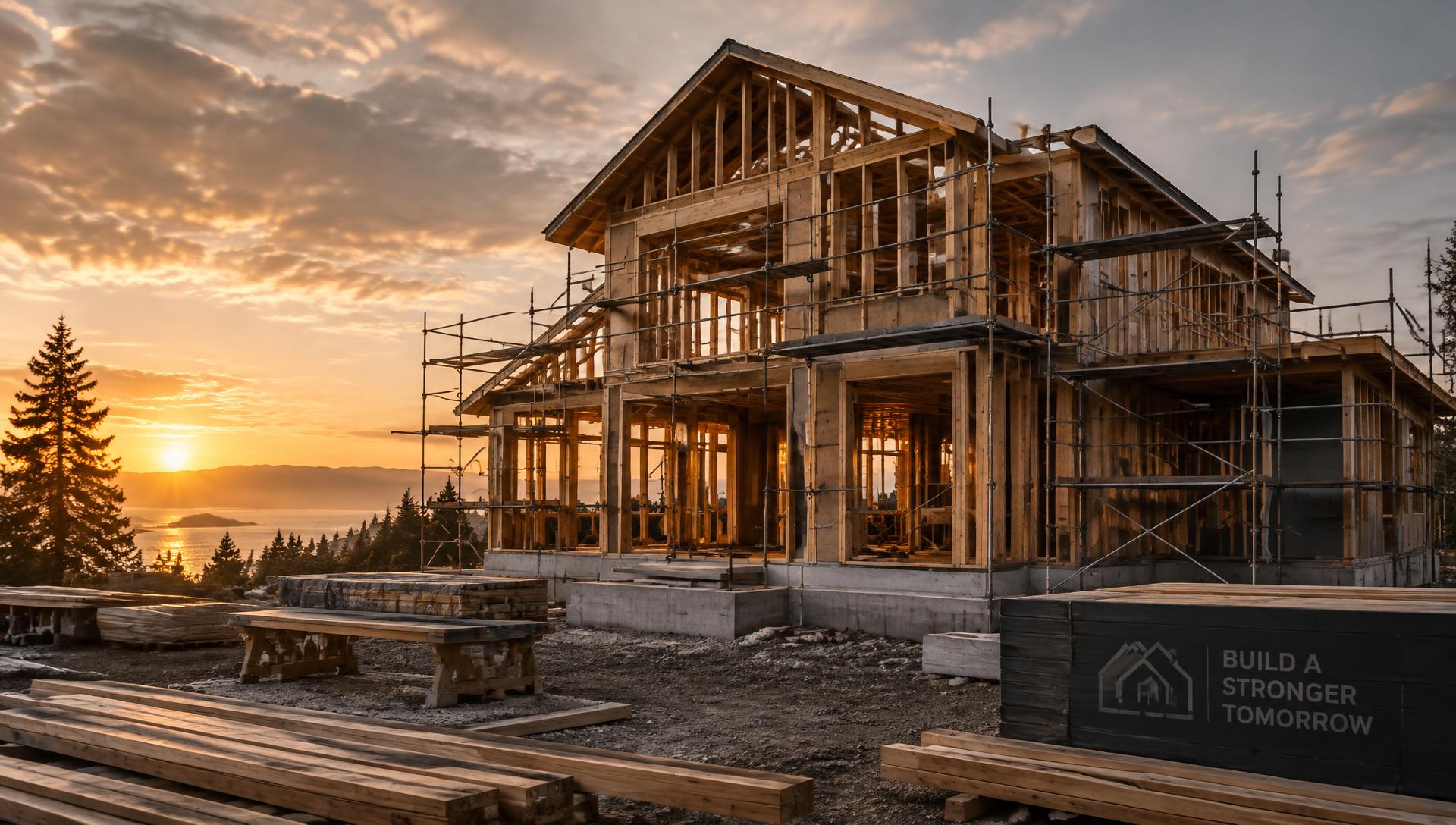 Wood-framed house under construction with scaffolding at sunset — representative construction imagery