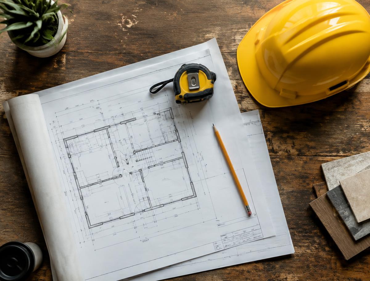 Construction plans, tape measure, pencil and hard hat laid out on a wooden table — representative project planning imagery